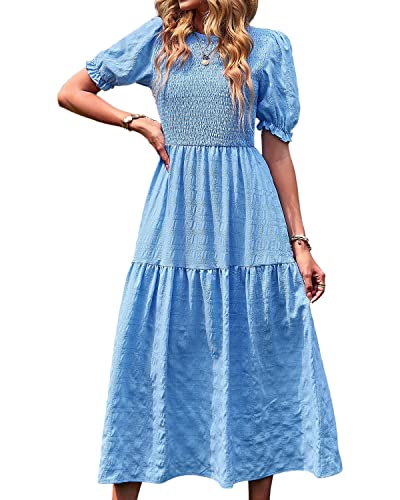 BebreezChic Damen Sommerkleid Rundhals Kurzarm Puffärmel Gerüschter Gerafftes Freizeitkleid mit Hoher Taille Strandkleid Cocktailkleider, Blau L von BebreezChic