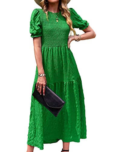 BebreezChic Damen Sommerkleid Rundhals Kurzarm Puffärmel Gerüschter Gerafftes Freizeitkleid mit Hoher Taille Strandkleid Cocktailkleider, Grün L von BebreezChic