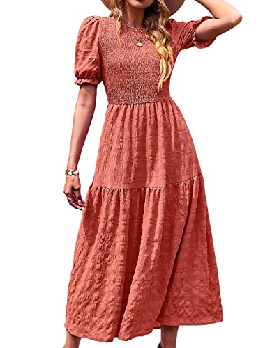 BebreezChic Damen Sommerkleid Rundhals Kurzarm Puffärmel Gerüschter Gerafftes Freizeitkleid mit Hoher Taille Strandkleid Cocktailkleider, Orange Saumon L von BebreezChic