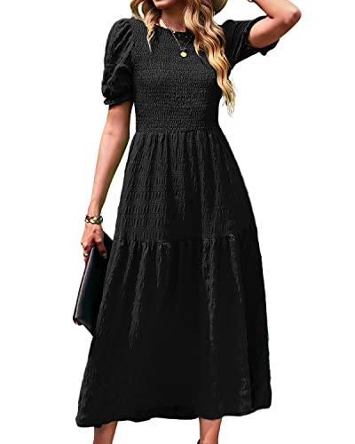 BebreezChic Damen Sommerkleid Rundhals Kurzarm Puffärmel Gerüschter Gerafftes Freizeitkleid mit Hoher Taille Strandkleid Cocktailkleider, Schwarz L von BebreezChic