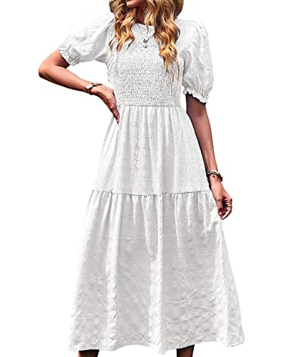 BebreezChic Damen Sommerkleid Rundhals Kurzarm Puffärmel Gerüschter Gerafftes Freizeitkleid mit Hoher Taille Strandkleid Cocktailkleider, Weiß L von BebreezChic