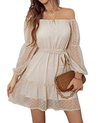 BebreezChic Kleid Damen Elegant Langarm Off Shoulder Einfarbig Swiss Dot Luftig Sommerkleid Minikleider Partykleid Strandkleid mit Gürtel, Beige L von BebreezChic