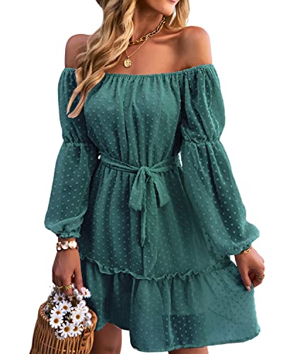 BebreezChic Kleid Damen Elegant Langarm Off Shoulder Einfarbig Swiss Dot Luftig Sommerkleid Minikleider Partykleid Strandkleid mit Gürtel, Grün M von BebreezChic