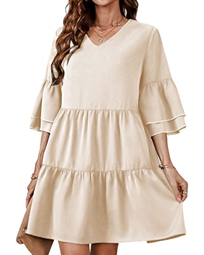 BebreezChic Damen Sommerkleider V-Ausschnitt 3/4 Arm Elegant Kurzes Kleider Loose Rüschen Einfarbig Minikleider Casual, Beige L von BebreezChic