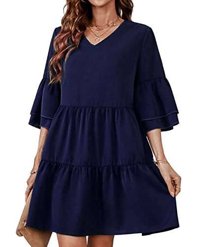 BebreezChic Damen Sommerkleider V-Ausschnitt 3/4 Arm Elegant Kurzes Kleider Loose Rüschen Einfarbig Minikleider Casual, Blau S von BebreezChic