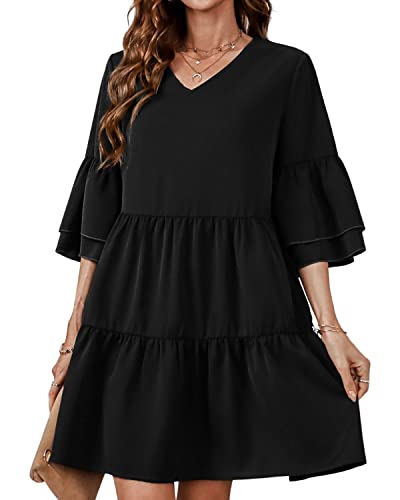 BebreezChic Damen Sommerkleider V-Ausschnitt 3/4 Arm Elegant Kurzes Kleider Loose Rüschen Einfarbig Minikleider Casual, Schwarz XL von BebreezChic