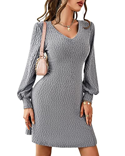 BebreezChic Damen Strickkleider V-Ausschnitt Langarm Minikleid Dünnes Bodycon Sexy Tunika Einfarbig Pulloverkleider Partykleider Grau XL von BebreezChic