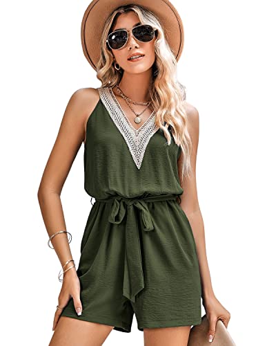 BebreezChic Jumpsuit Damen Kurz Sommer Boho Ärmellos V Ausschnitt Overall Romper Streifen Hosensets mit Gürtel, Grün M von BebreezChic