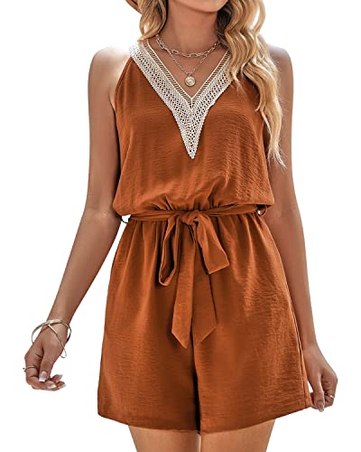 BebreezChic Jumpsuit Damen Kurz Sommer Boho Ärmellos V Ausschnitt Overall Romper Streifen Hosensets mit Gürtel, Karamell XL von BebreezChic