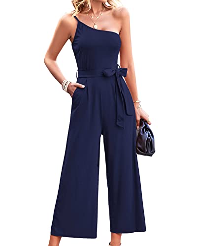 BebreezChic Jumpsuit Damen Sommer One Shoulder Träger Ärmellos V Ausschnitt Lang Overall Romper Streifen Hosensets mit Gürtel, Dunkelblau S von BebreezChic