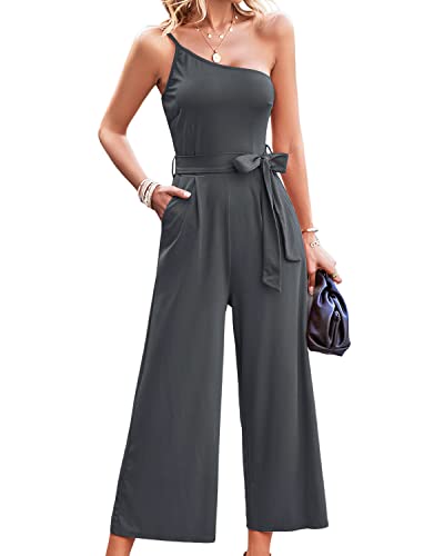 BebreezChic Jumpsuit Damen Sommer One Shoulder Träger Ärmellos V Ausschnitt Lang Overall Romper Streifen Hosensets mit Gürtel, Dunkelgrau M von BebreezChic