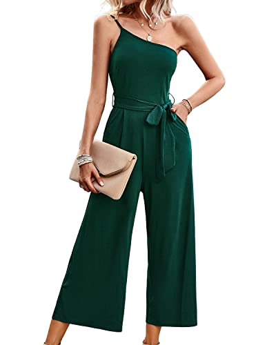 BebreezChic Jumpsuit Damen Sommer One Shoulder Träger Ärmellos V Ausschnitt Lang Overall Romper Streifen Hosensets mit Gürtel, Grün L von BebreezChic