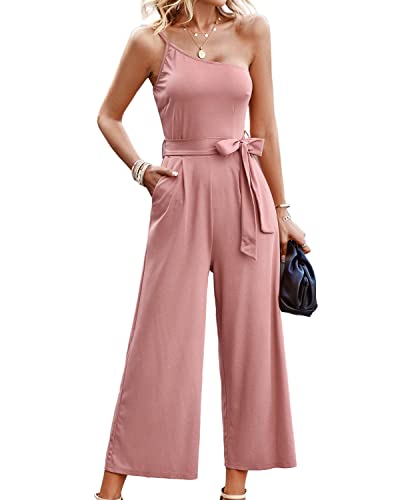 BebreezChic Jumpsuit Damen Sommer One Shoulder Träger Ärmellos V Ausschnitt Lang Overall Romper Streifen Hosensets mit Gürtel, Rosa L von BebreezChic