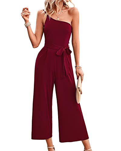 BebreezChic Jumpsuit Damen Sommer One Shoulder Träger Ärmellos V Ausschnitt Lang Overall Romper Streifen Hosensets mit Gürtel, Winerot M von BebreezChic