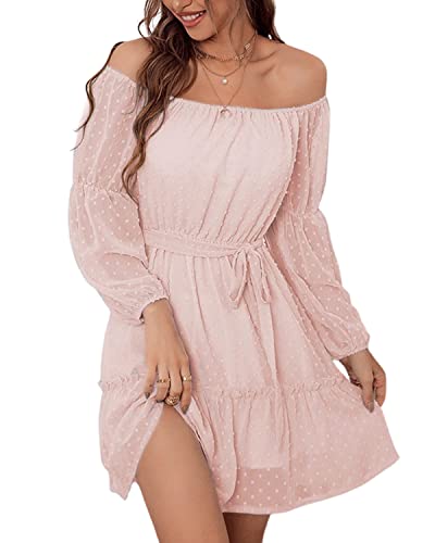 BebreezChic Kleid Damen Elegant Langarm Off Shoulder Einfarbig Swiss Dot Luftig Sommerkleid Minikleider Partykleid Strandkleid mit Gürtel, Hellrosa M von BebreezChic