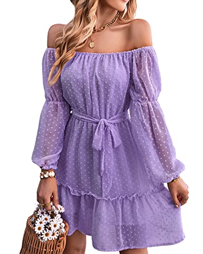 BebreezChic Kleid Damen Elegant Langarm Off Shoulder Einfarbig Swiss Dot Luftig Sommerkleid Minikleider Partykleid Strandkleid mit Gürtel, Violett L von BebreezChic