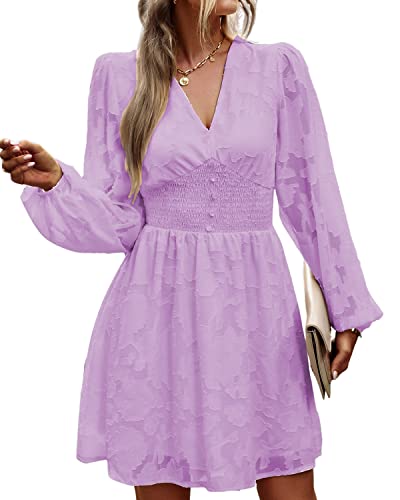 BebreezChic Kleid Damen Langarm Elegant V-Ausschnitt Minikleid Einfarbig Blumen Hohe Taille Plissee Partykleid Casual für Frühling Sommer 2023, Lila XL von BebreezChic