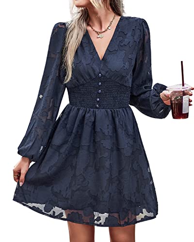 BebreezChic Kleid Damen Langarm Elegant V-Ausschnitt Minikleid Einfarbig Blumen Hohe Taille Plissee Partykleid Casual für Frühling Sommer 2023, Navy Blau M von BebreezChic