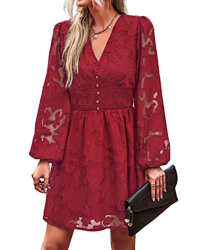 BebreezChic Kleid Damen Langarm Elegant V-Ausschnitt Minikleid Einfarbig Blumen Hohe Taille Plissee Partykleid Casual für Frühling Sommer 2023, Rot M von BebreezChic