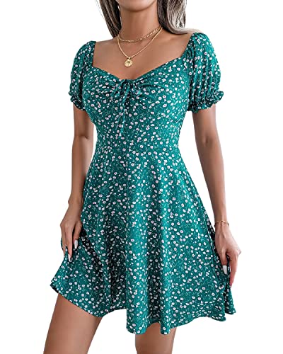 BebreezChic Kleid Damen Minikleid Blumen Kurzarm Sommerkleid V-Ausschnitt Elegant Plissee Skaterkleid Freizeitkleider, Grün L von BebreezChic