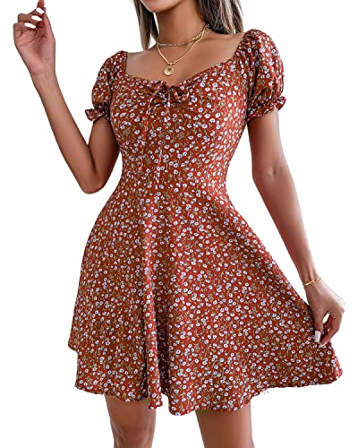 BebreezChic Kleid Damen Minikleid Blumen Kurzarm Sommerkleid V-Ausschnitt Elegant Plissee Skaterkleid Freizeitkleider, Rot XL von BebreezChic