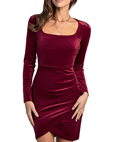 BebreezChic Kleider Damen Kurz Samtkleid Quadratische-Ausschnitt Langarm Bodycon Glitzer Geraffte Wickelkleider Partykleider Cocktailkeider Burgundy L von BebreezChic