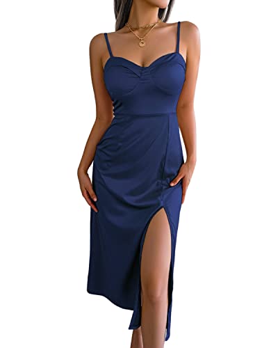 BebreezChic Satin Kleid Damen Spaghettiträger Midikleid Ärmelloses Rückenfrei Drapiert Sommerkleid Partykleid mit Schlitz, Blau L von BebreezChic