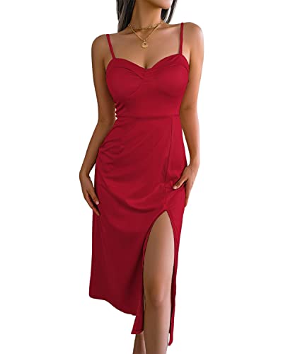 BebreezChic Satin Kleid Damen Spaghettiträger Midikleid Ärmelloses Rückenfrei Drapiert Sommerkleid Partykleid mit Schlitz, Rot L von BebreezChic