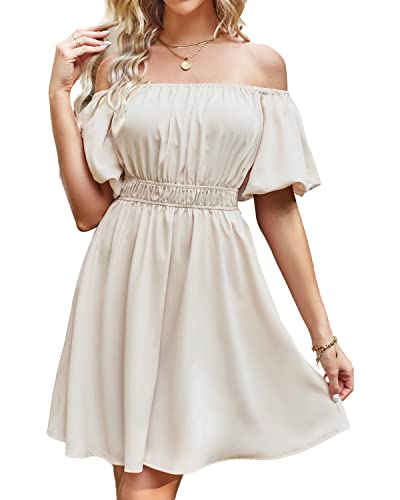 BebreezChic Sommerkleid Damen Boho Blumen Minikleid Kurzarm Off Shoulder Hohe Taille Partykleid Strandkleid Knielang Dress 2023, Einfarbig Beige L von BebreezChic