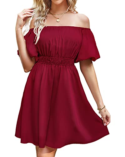 BebreezChic Sommerkleid Damen Boho Blumen Minikleid Kurzarm Off Shoulder Hohe Taille Partykleid Strandkleid Knielang Dress 2023, Einfarbig Himbeere Rot L von BebreezChic