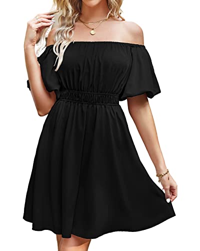 BebreezChic Sommerkleid Damen Boho Blumen Minikleid Kurzarm Off Shoulder Hohe Taille Partykleid Strandkleid Knielang Dress 2023, Einfarbig Schwarz L von BebreezChic