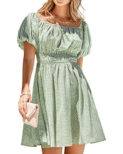 BebreezChic Sommerkleid Damen Boho Blumen Minikleid Kurzarm Off Shoulder Hohe Taille Partykleid Strandkleid Knielang Dress 2023, Hellgrün M von BebreezChic