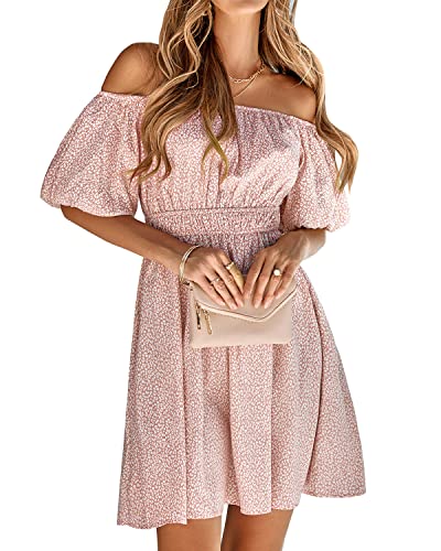 BebreezChic Sommerkleid Damen Boho Blumen Minikleid Kurzarm Off Shoulder Hohe Taille Partykleid Strandkleid Knielang Dress 2023, Rosa L von BebreezChic