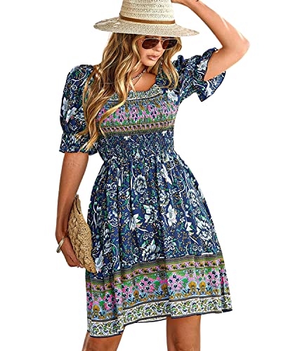 BebreezChic Sommerkleid Damen Kurz Boho Blumen Kurzarm Eckiger Hals Hohe Taille Gerafftes Strandkleid Minikleid, Blau S von BebreezChic