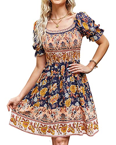 BebreezChic Sommerkleid Damen Kurz Boho Blumen Kurzarm Eckiger Hals Hohe Taille Gerafftes Strandkleid Minikleid, Dunkelblau M von BebreezChic