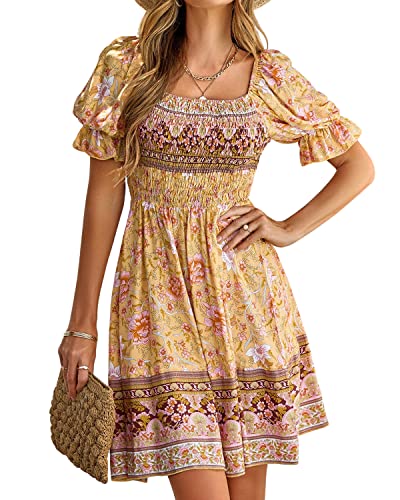 BebreezChic Sommerkleid Damen Kurz Boho Blumen Kurzarm Eckiger Hals Hohe Taille Gerafftes Strandkleid Minikleid, Gelb L von BebreezChic