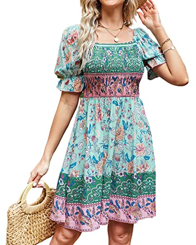 BebreezChic Sommerkleid Damen Kurz Boho Blumen Kurzarm Eckiger Hals Hohe Taille Gerafftes Strandkleid Minikleid, Hellblau M von BebreezChic