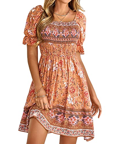 BebreezChic Sommerkleid Damen Kurz Boho Blumen Kurzarm Eckiger Hals Hohe Taille Gerafftes Strandkleid Minikleid, Orange L von BebreezChic