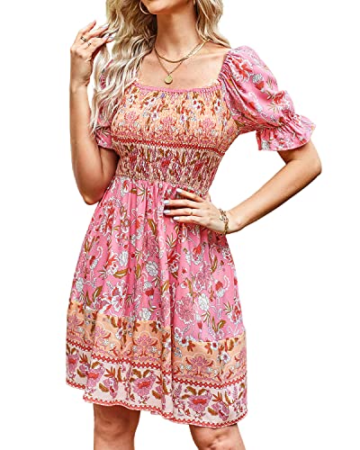 BebreezChic Sommerkleid Damen Kurz Boho Blumen Kurzarm Eckiger Hals Hohe Taille Gerafftes Strandkleid Minikleid, Rosa XL von BebreezChic