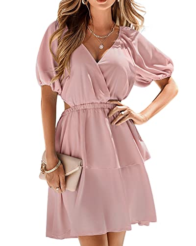 BebreezChic Sommerkleid Damen Kurzarm V Ausschnitt Cut Out Hohe Taille Elegant Sexy Party Cocktail Strandkleid Minikleid, Dunkelrosa L von BebreezChic