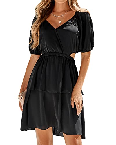 BebreezChic Sommerkleid Damen Kurzarm V Ausschnitt Cut Out Hohe Taille Elegant Sexy Party Cocktail Strandkleid Minikleid, Schwarz L von BebreezChic