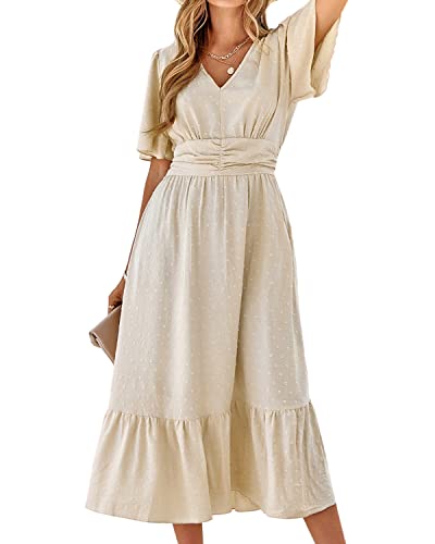 BebreezChic Sommerkleid Damen Lang Boho Elegant Kurzarm V-Ausschnitt Hohe Taille Swiss Dot Gerafft Blumen Strandkleid Maxikleid, Beige L von BebreezChic