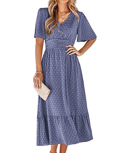 BebreezChic Sommerkleid Damen Lang Boho Elegant Kurzarm V-Ausschnitt Hohe Taille Swiss Dot Gerafft Blumen Strandkleid Maxikleid, Blau-Violett L von BebreezChic