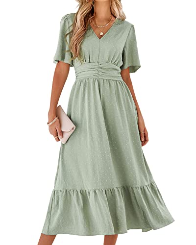 BebreezChic Sommerkleid Damen Lang Boho Elegant Kurzarm V-Ausschnitt Hohe Taille Swiss Dot Gerafft Blumen Strandkleid Maxikleid, Hellgrün L von BebreezChic