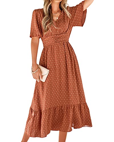 BebreezChic Sommerkleid Damen Lang Boho Elegant Kurzarm V-Ausschnitt Hohe Taille Swiss Dot Gerafft Blumen Strandkleid Maxikleid, Karamell L von BebreezChic