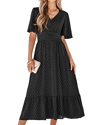 BebreezChic Sommerkleid Damen Lang Boho Elegant Kurzarm V-Ausschnitt Hohe Taille Swiss Dot Gerafft Blumen Strandkleid Maxikleid, Schwarz S von BebreezChic