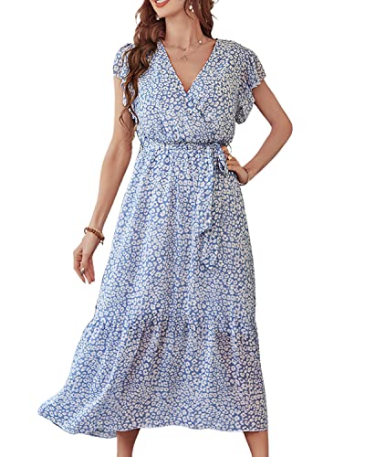 BebreezChic Sommerkleider Damen Blumen Kreuz V-Ausschnitt Rüschensaum Gürtel Maxikleid Freizeitkleid, Blau, M von BebreezChic