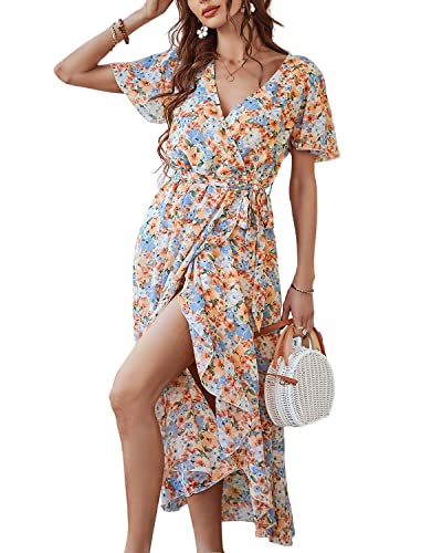 BebreezChic Sommerkleider Damen Blumen Kreuz V-Ausschnitt Schlitz Gürtel Chiffon Maxikleid Freizeitkleid, Beige XL von BebreezChic
