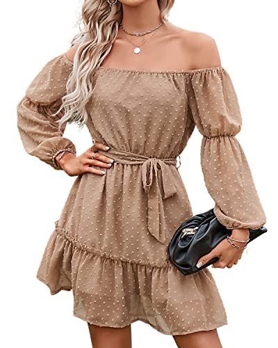 BebreezChic Kleid Damen Elegant Langarm Off Shoulder Einfarbig Swiss Dot Luftig Sommerkleid Minikleider Partykleid Strandkleid mit Gürtel, Khaki L von BebreezChic