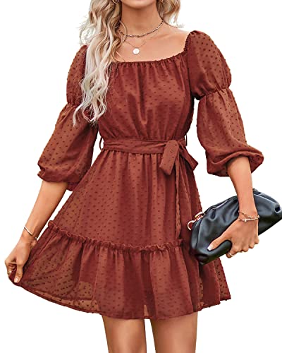 BebreezChic Kleid Damen Elegant Langarm Off Shoulder Einfarbig Swiss Dot Luftig Sommerkleid Minikleider Partykleid Strandkleid mit Gürtel, Rot-Orange M von BebreezChic